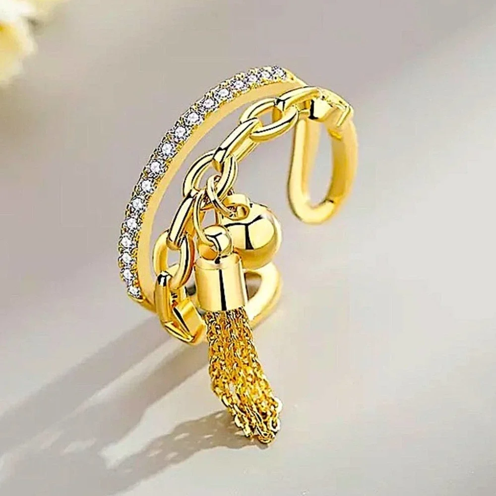 Tassel Ball Drop Gold Plated Double Stack Ring